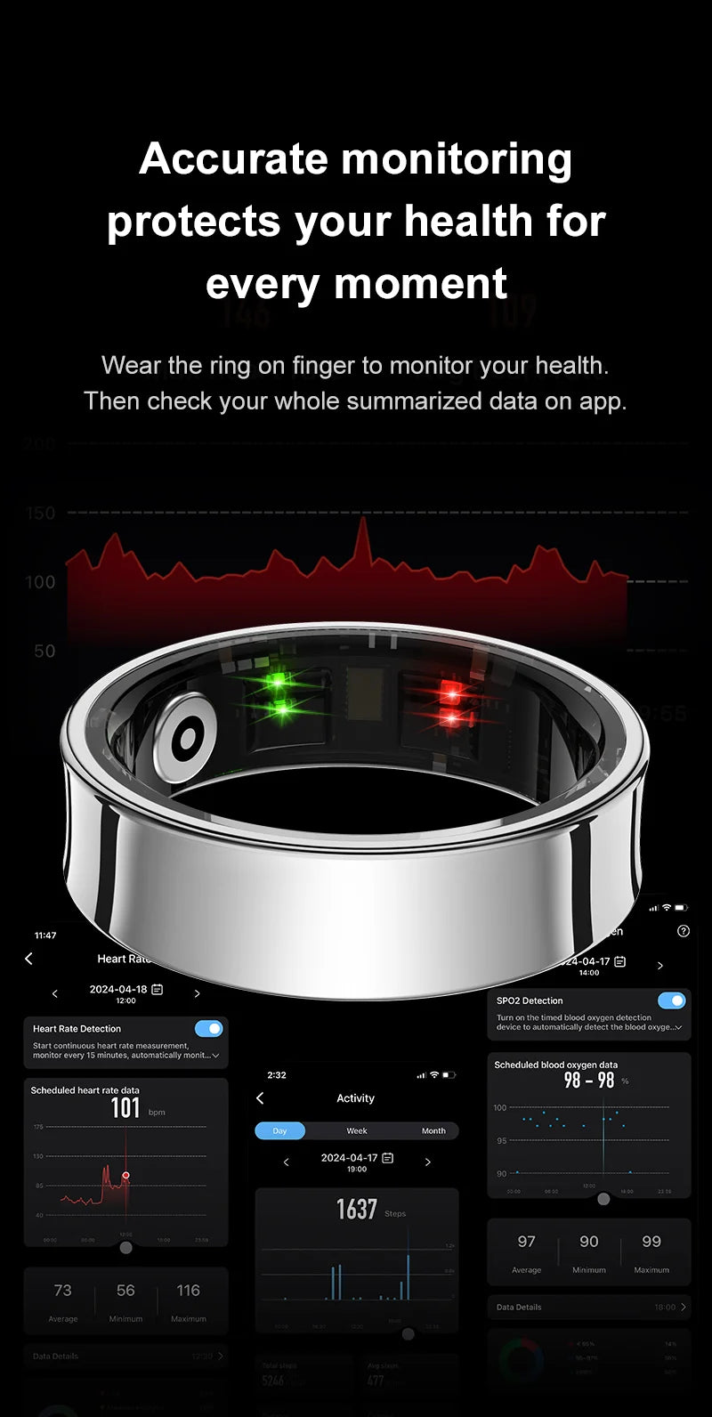 Smart Ring Health Monitor Multi Sport Mode Skin Temperature Measurement